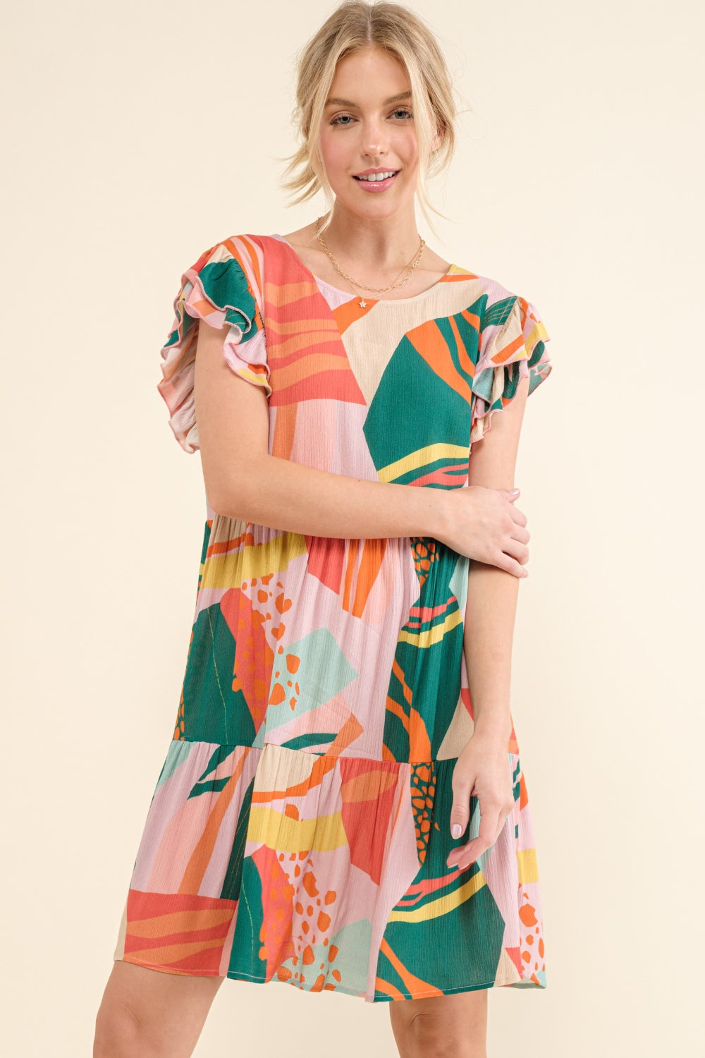And The Why Greenery Printed Double Ruffle Sleeve Dress