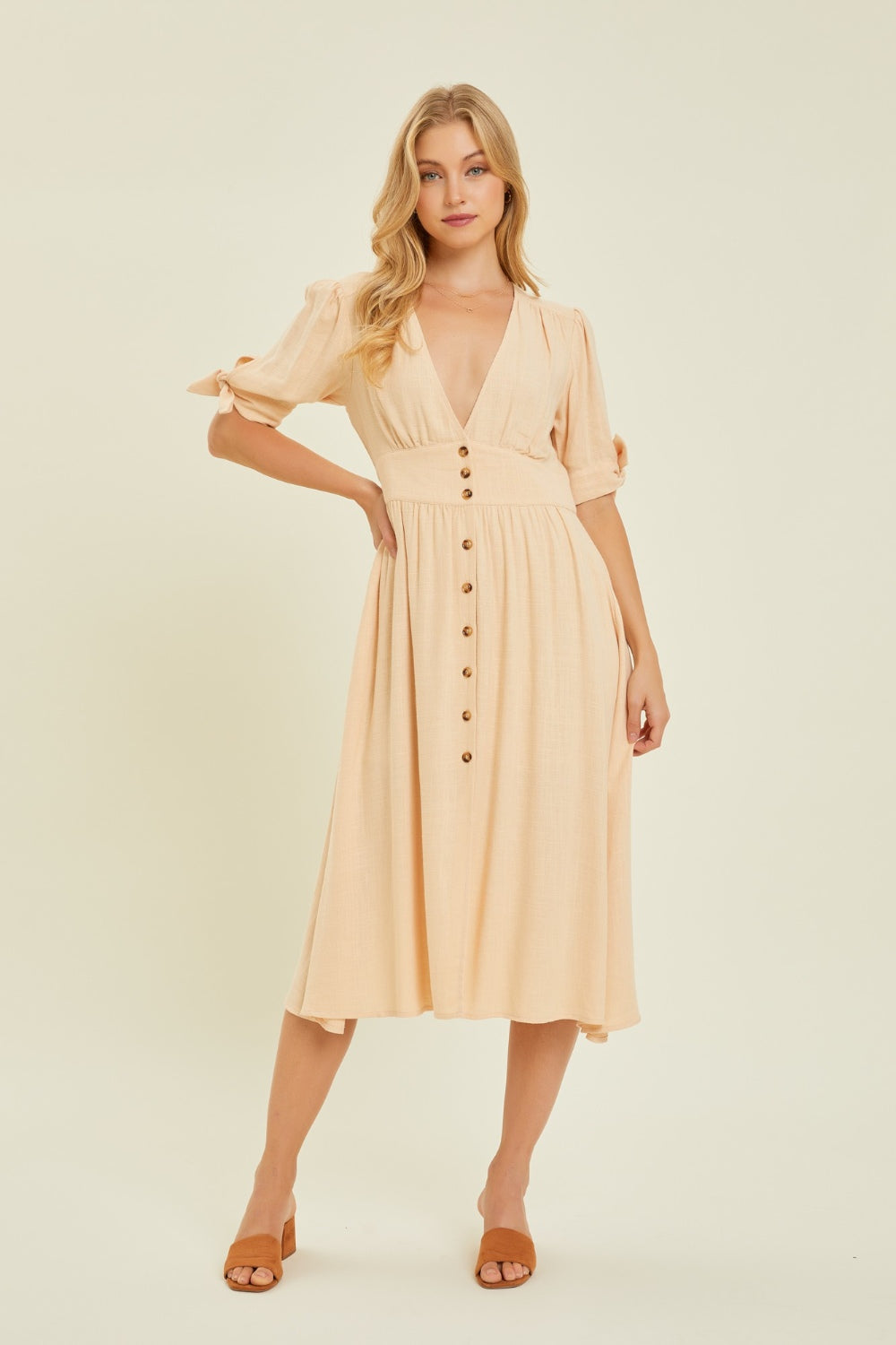 HEYSON Cream Full Size Textured Linen V-Neck Button-Down Midi Dress
