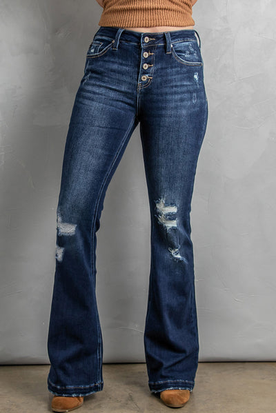 Denim Dreams Button Fly Distressed Bootcut Jeans