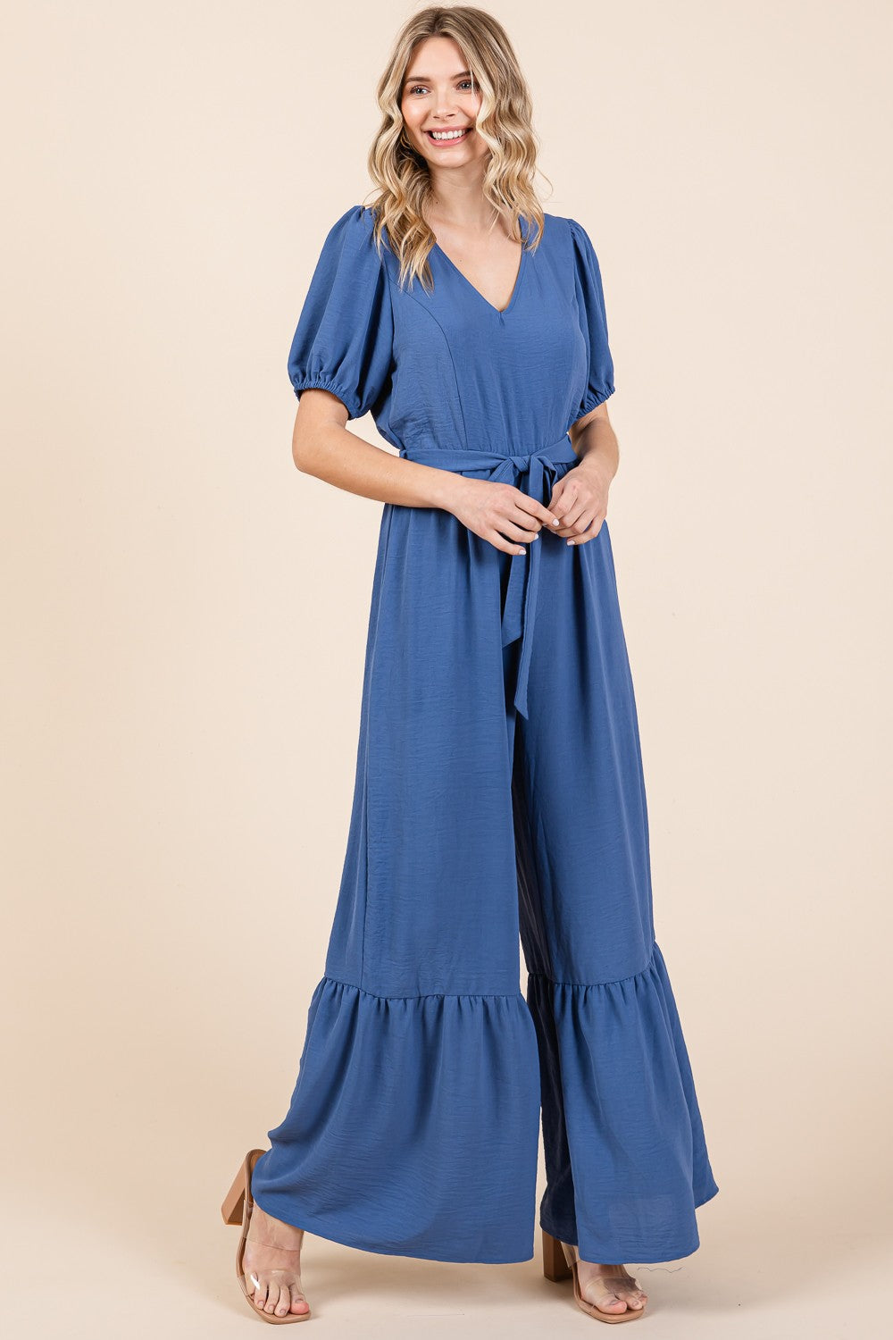 GeeGee Denim Blue Full Size Belted Wide Leg Jumpsuit