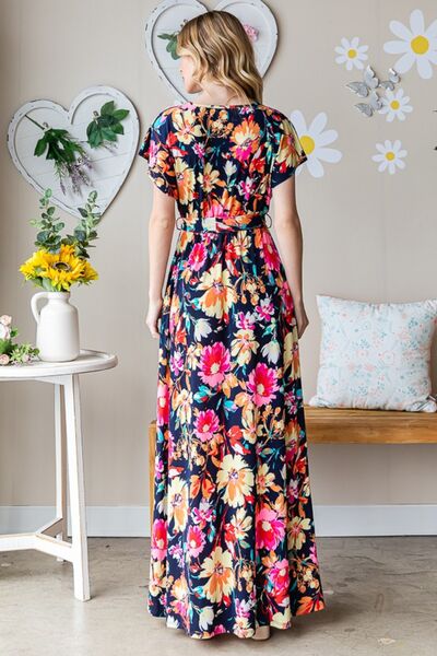Heimish Coralinda Full Size Floral Surplice Tie Waist Maxi Dress