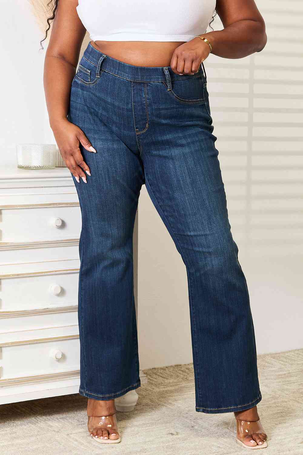Judy Blue Checking Me Out Elastic Waistband Slim Bootcut Jeans