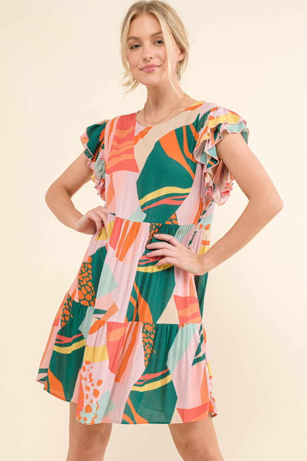 And The Why Greenery Printed Double Ruffle Sleeve Dress