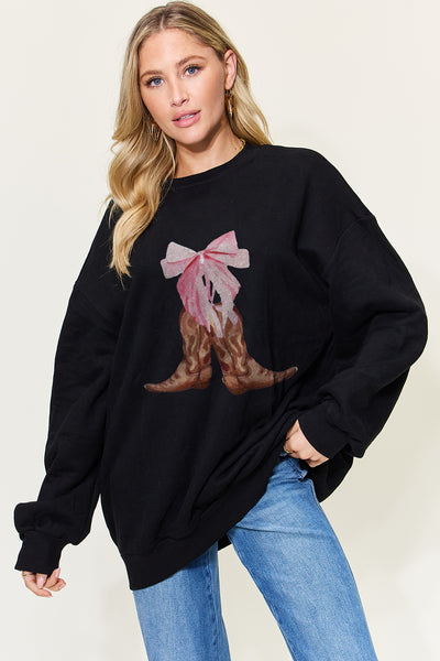 Simply Love Full Size Boots and Bows Graphic Long Sleeve Sweatshirt