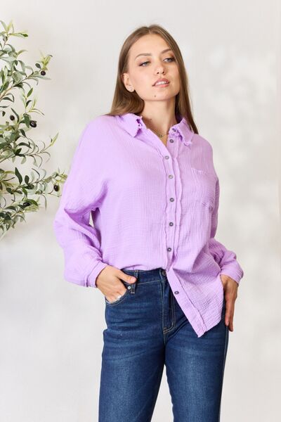 Zenana Lavendar Texture Button Up Raw Hem Long Sleeve Shirt