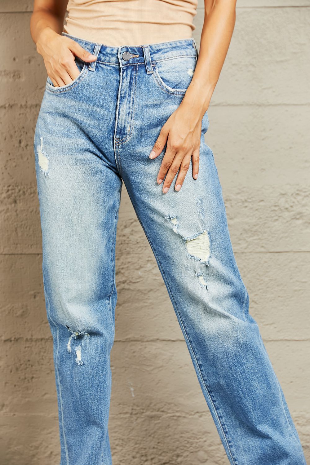 BAYEAS Barbara High Waisted Medium Wash Straight Jeans
