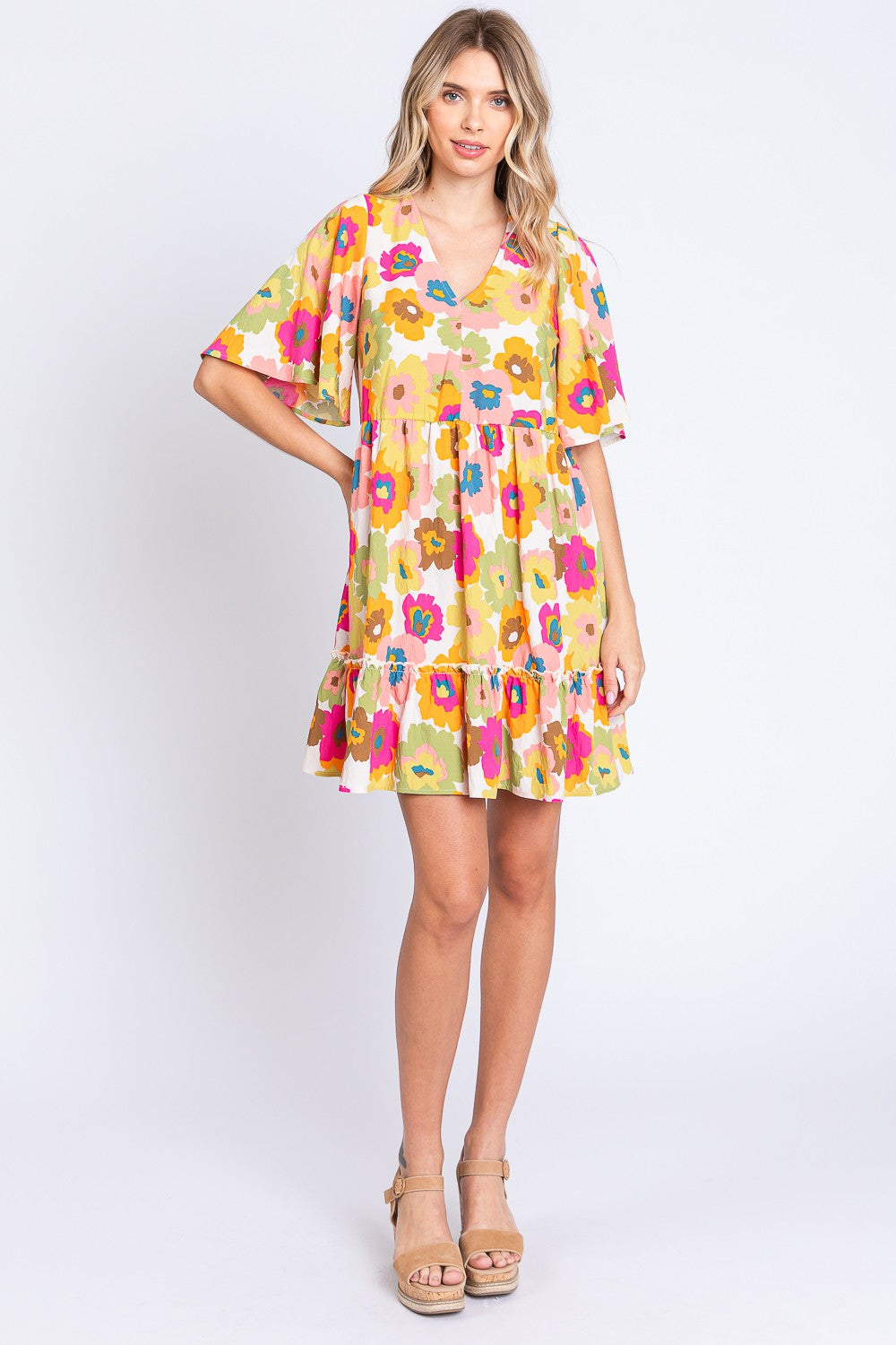GeeGee Summer Sun Full Size Floral V-Neck Ruffle Trim Mini Dress