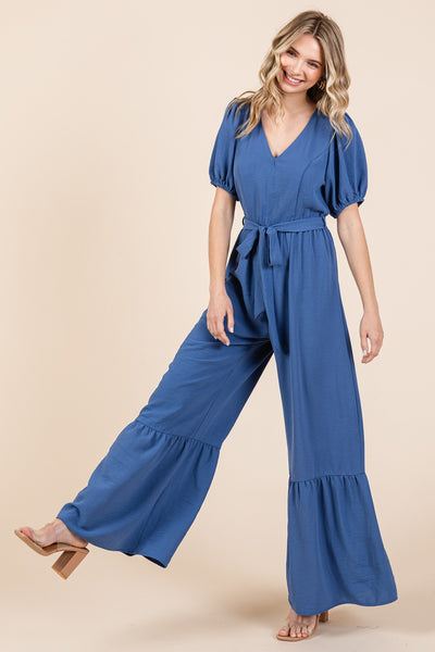 GeeGee Denim Blue Full Size Belted Wide Leg Jumpsuit