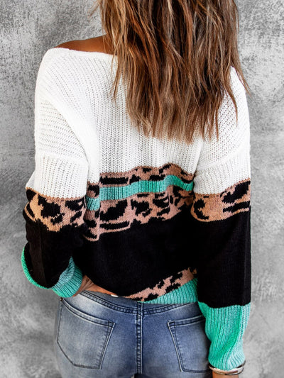 Leopard Color Block V-Neck Rib-Knit Sweater