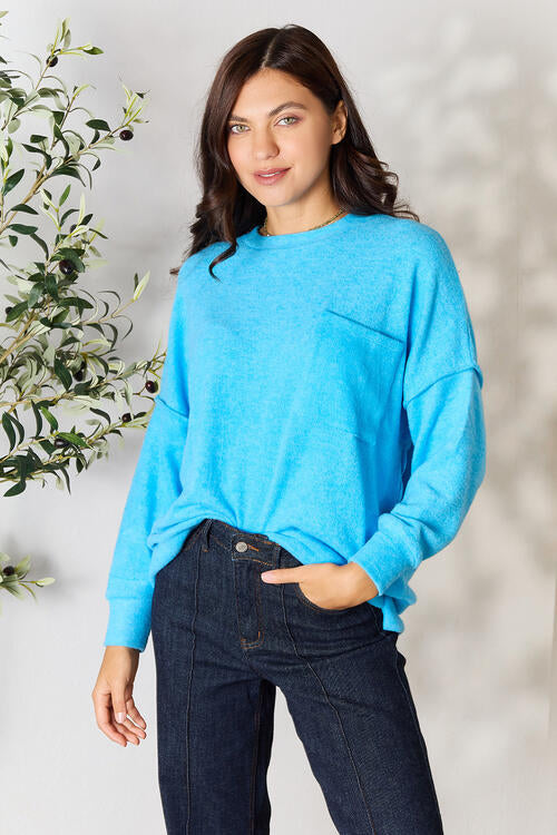 Zenana Deep Sky Long Sleeve Sweater with Pocket