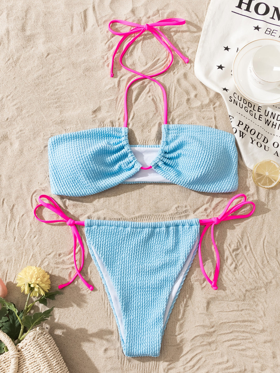 Pastel Blue Tied Contrast Two-Piece Bikini Set