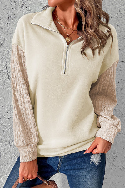 Zayda Zip-Up Dropped Shoulder Cable-Knit Sweatshirt