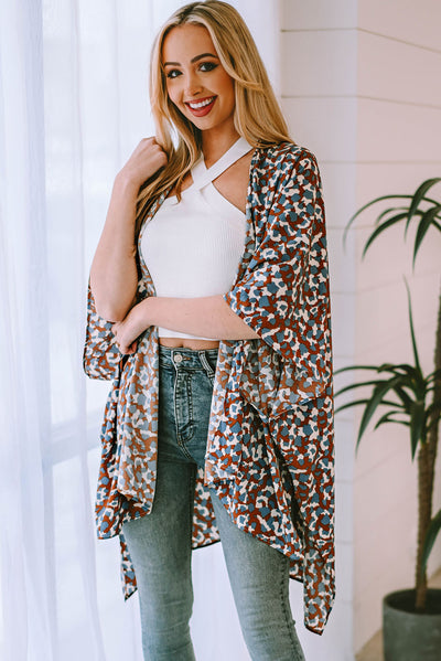 Printed Open Front Three-Quarter Sleeve Cover Up