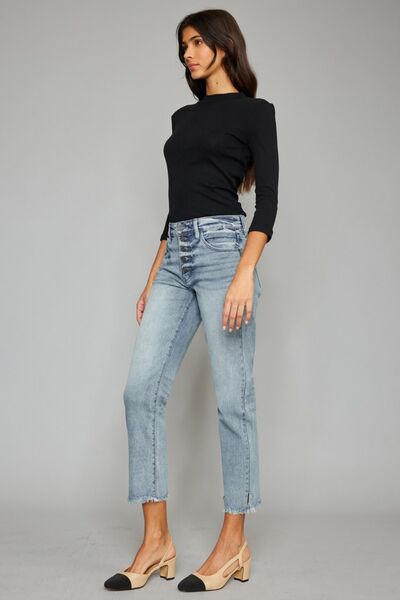 Kancan Harlow High Waist Button Fly Raw Hem Cropped Straight Jeans