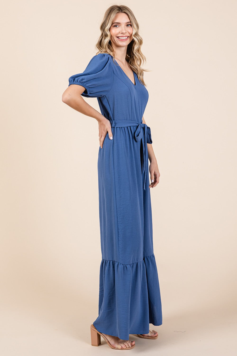 GeeGee Denim Blue Full Size Belted Wide Leg Jumpsuit