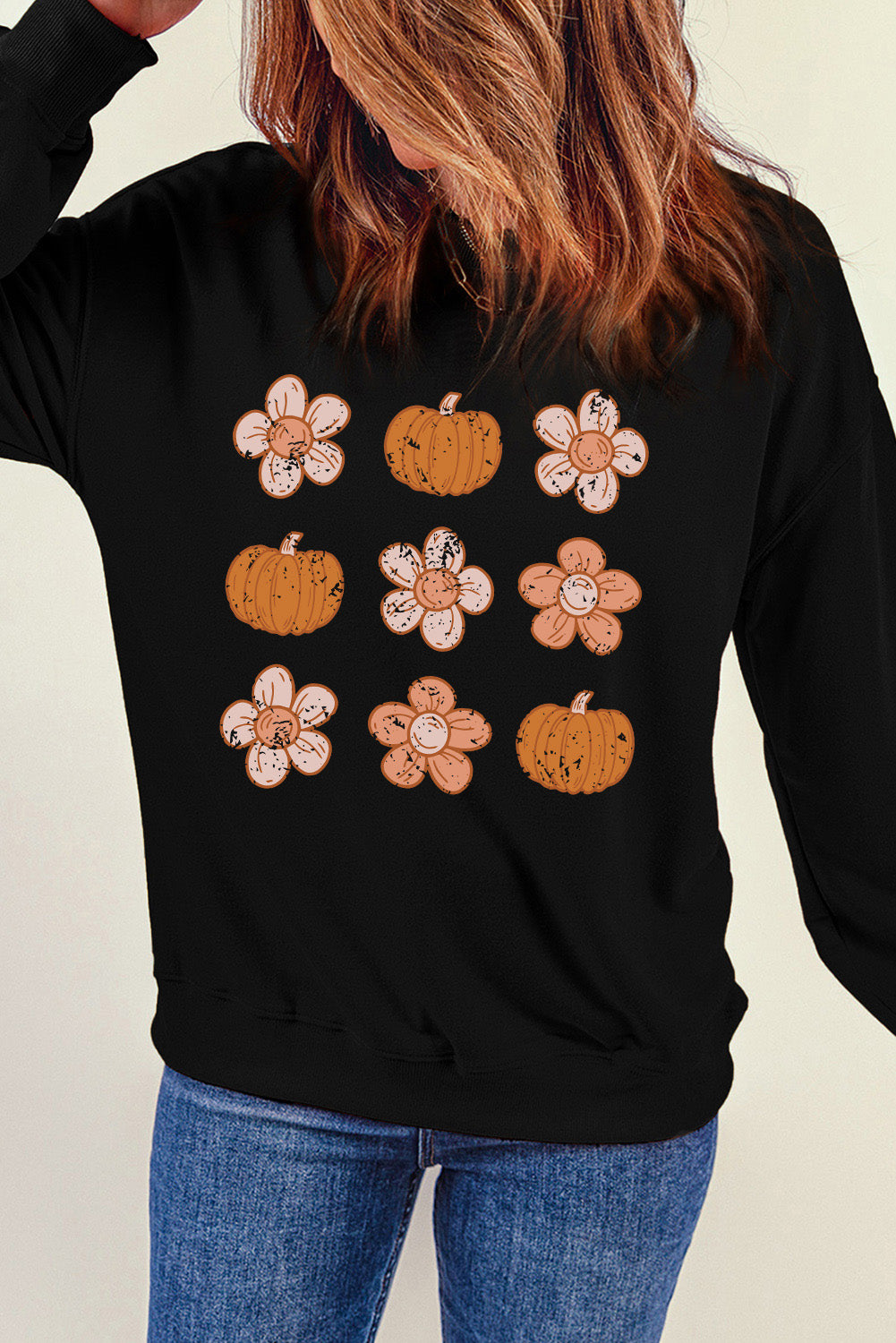 Simply Love Round Neck Long Sleeve Pumpkin & Flower Graphic Sweatshirt