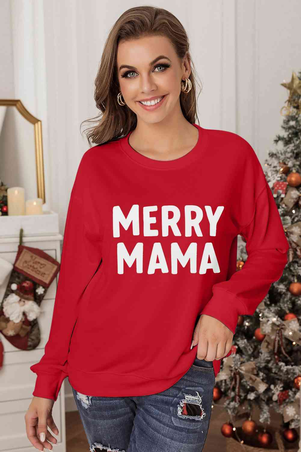 MERRY MAMA Red Graphic Round Neck Sweatshirt