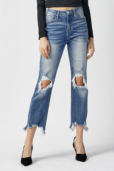 RISEN Magnolia High Waist Distressed Frayed Hem Cropped Straight Jeans