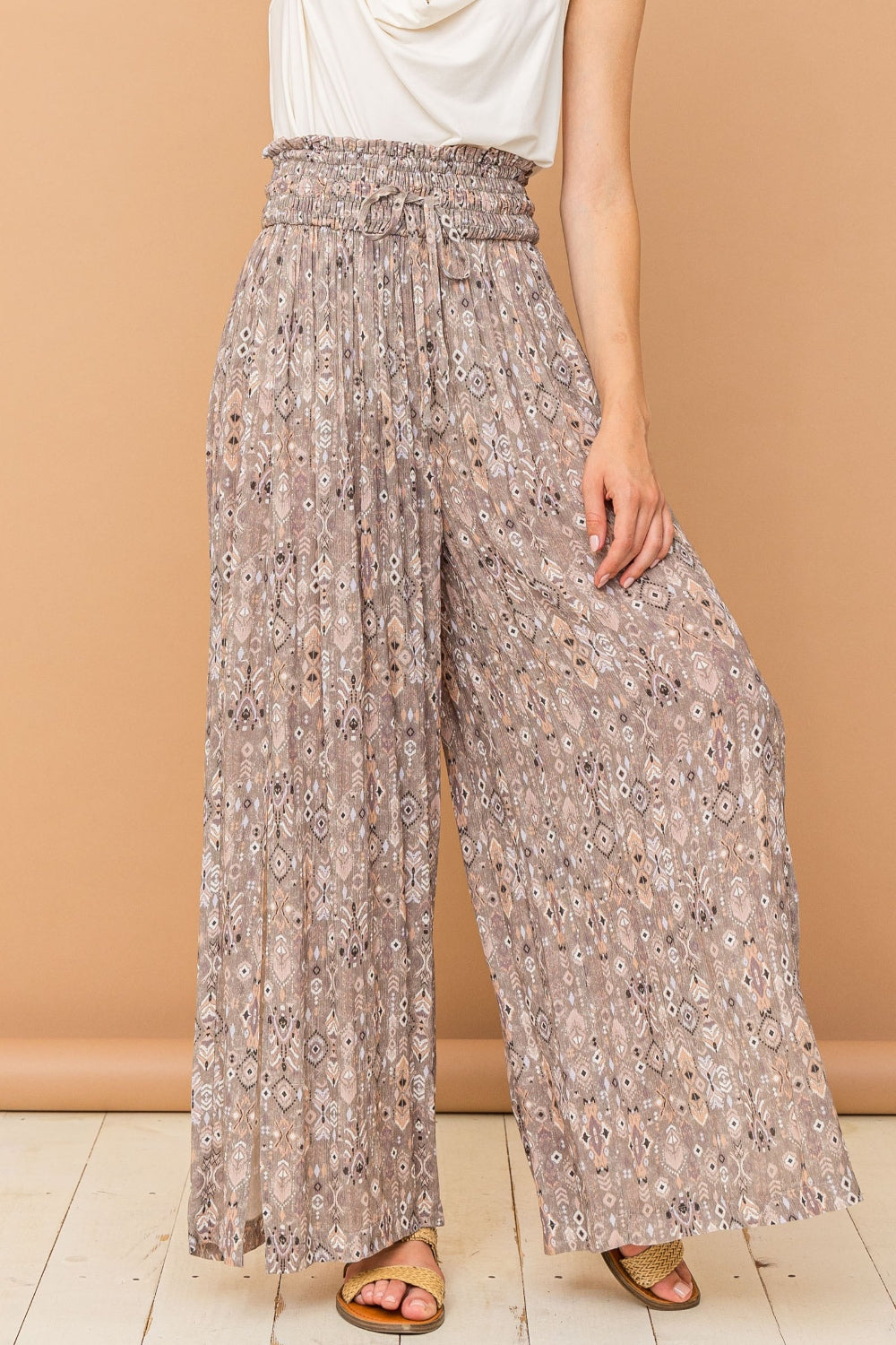 And The Why Grey Printed Smocked Waist Slit Wide Leg Pants