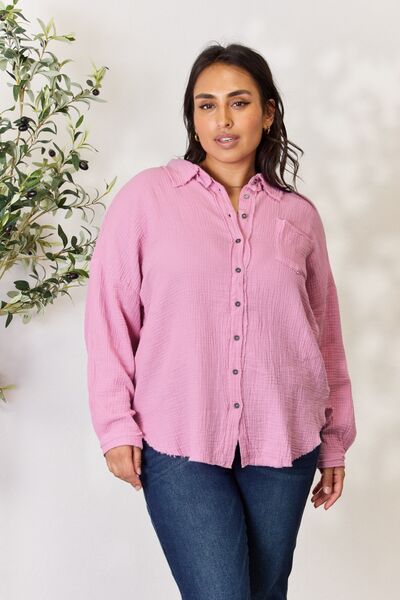 Zenana Mauve Texture Button Up Raw Hem Long Sleeve Shirt