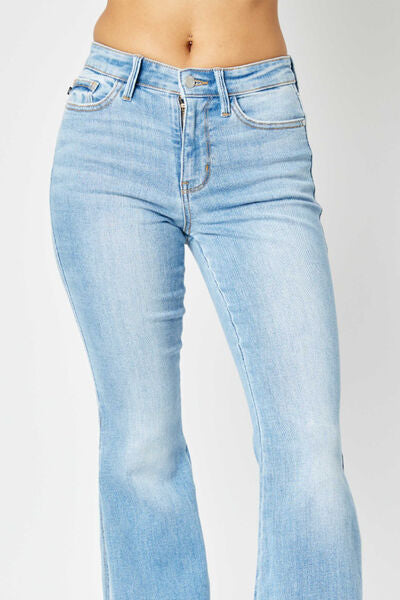 Judy Blue Charlene Full Size Mid Rise Raw Hem Slit Flare Jeans