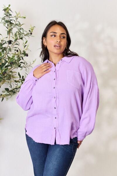 Zenana Lavendar Texture Button Up Raw Hem Long Sleeve Shirt